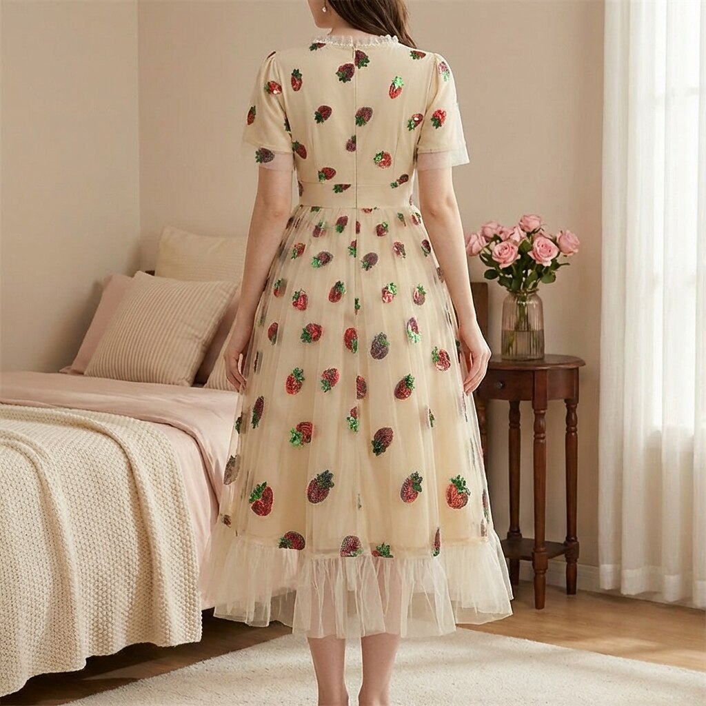 Strawberry Embroidered Mesh Midi Dress