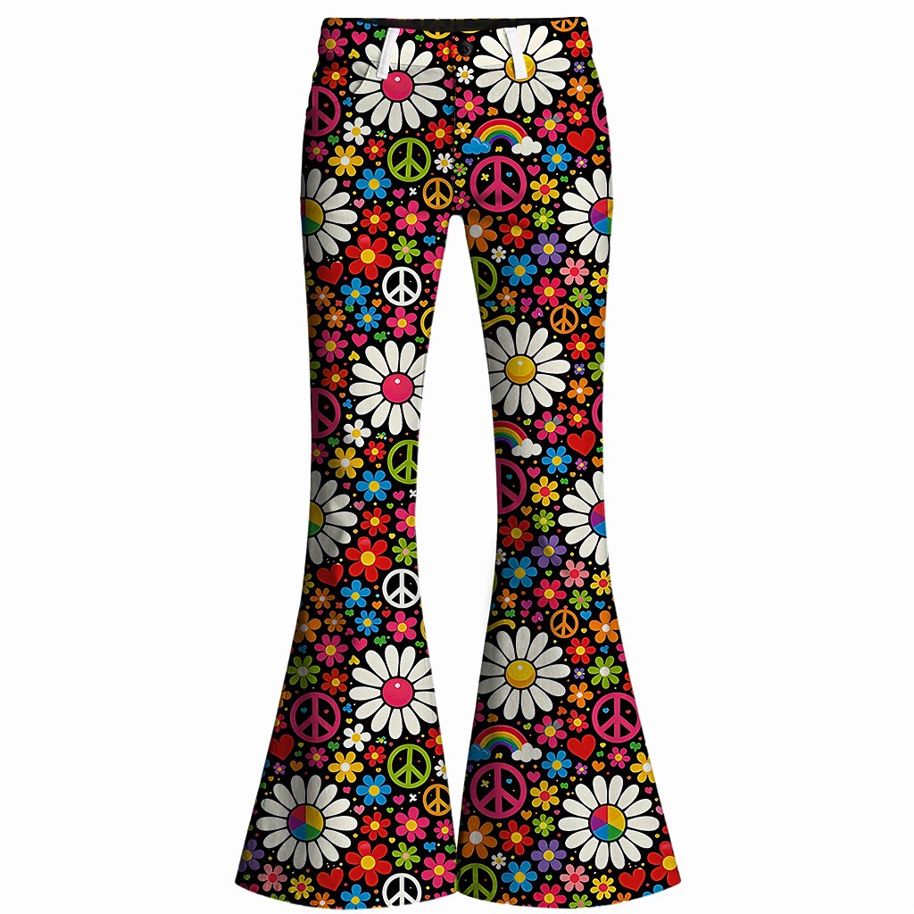 Retro 70s Peace Sign Floral High Waist Wide Flared Trousers