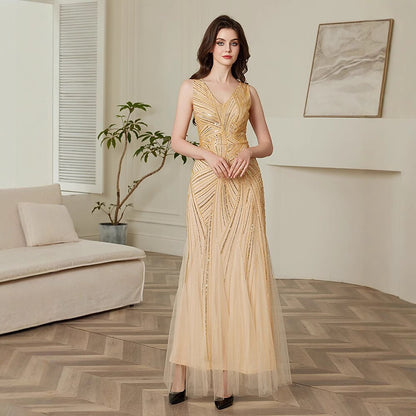 Champagne V-Neck Beaded Evening Gown