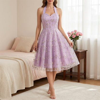 Floral Embroidered Halter Midi Dress
