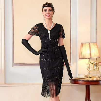 Black Sequin Pattern Flapper Dress