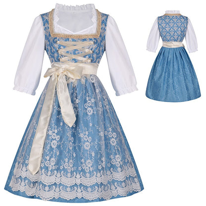 Oktoberfest Costume Blue Dirndl Dress with Blouse and Lace Apron