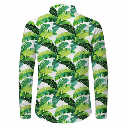 Retro 70S Tropical Banana Leaf Pattern Long Sleeves Collar Shirt