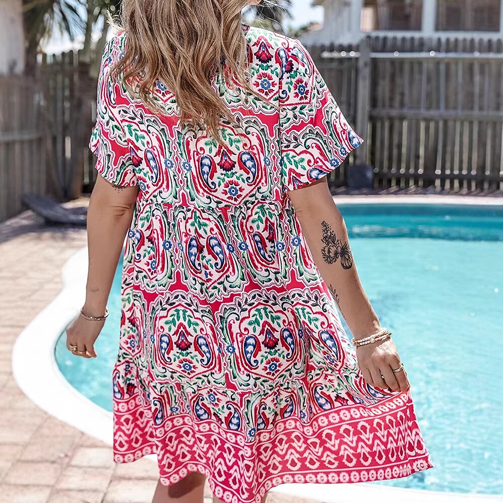 Retro 70s Bohemian Ethnic V-neck Empire Waist Mini Dress