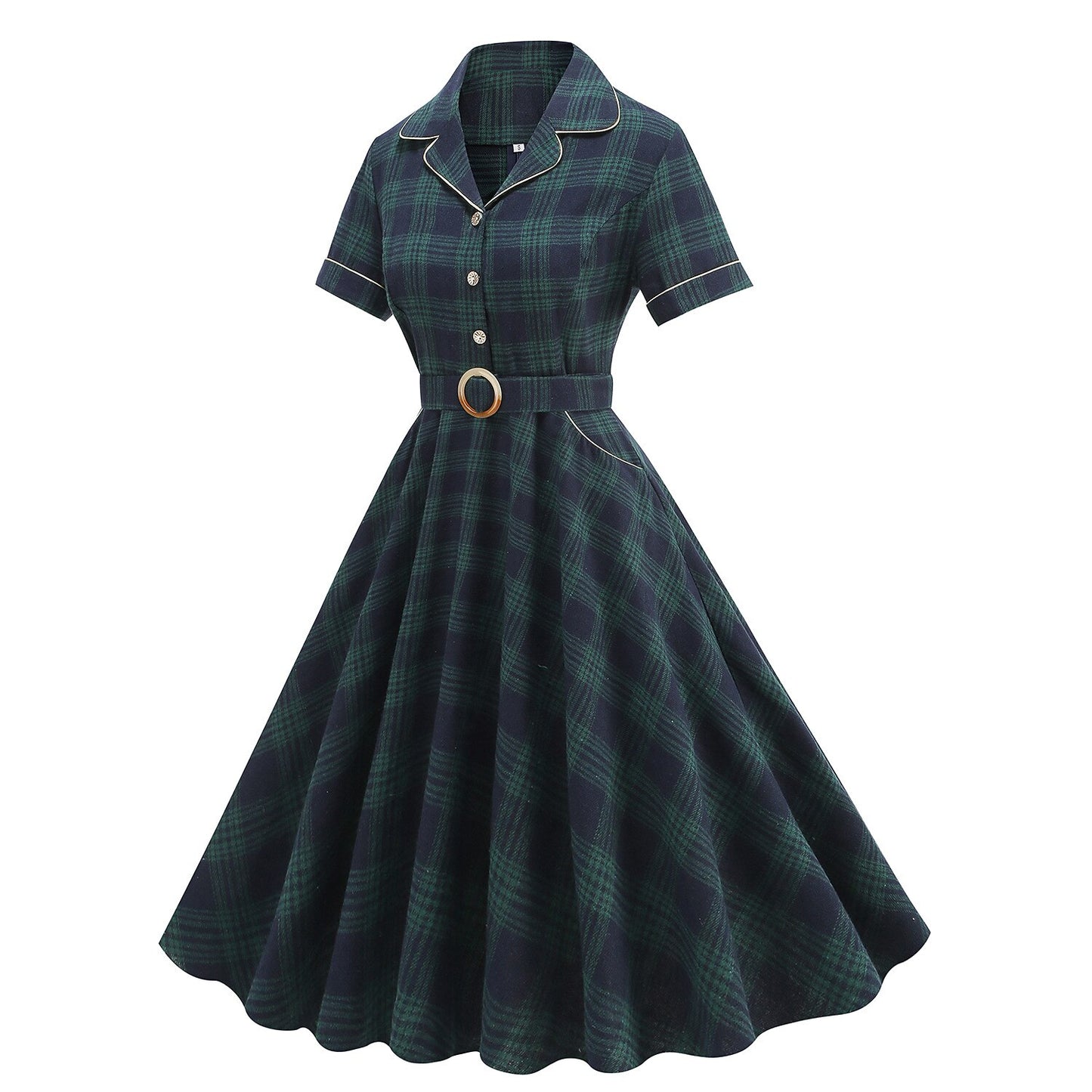 Women's 1950s Plaid Lapel Collar Swing Dress