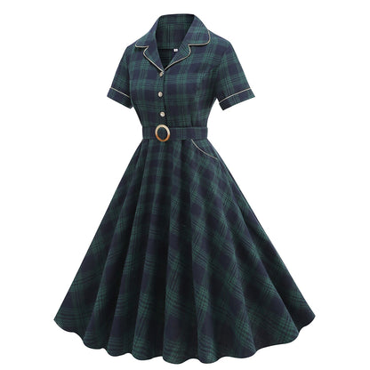 Women's 1950s Plaid Lapel Collar Swing Dress