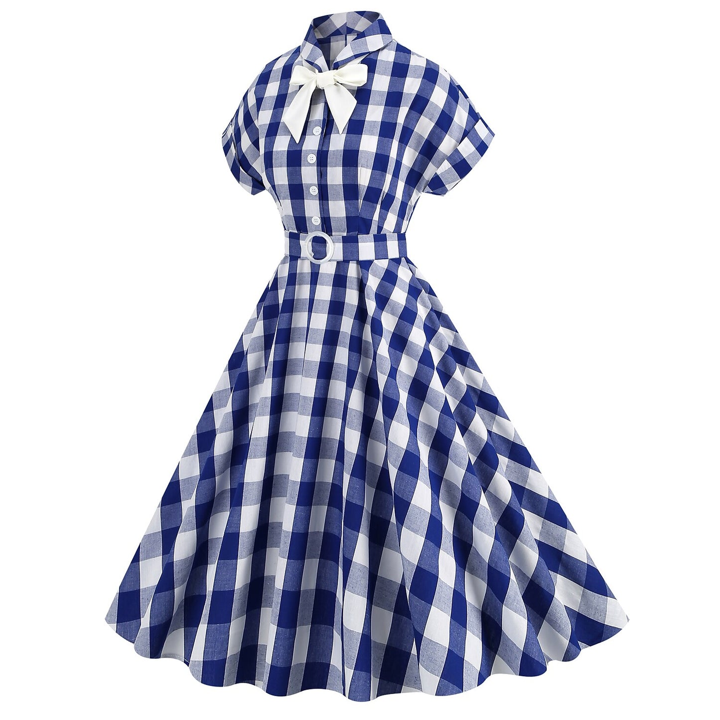 Women's 1950s Gingham Plaid Bow Tie Collar Swing Dress