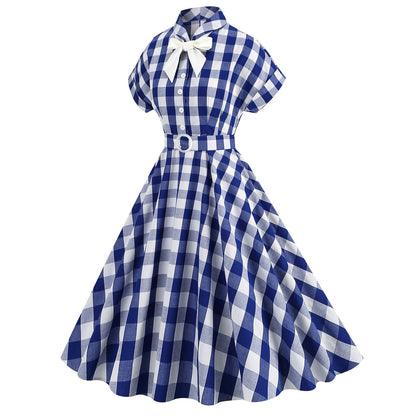 Women's 1950s Gingham Plaid Bow Tie Collar Swing Dress