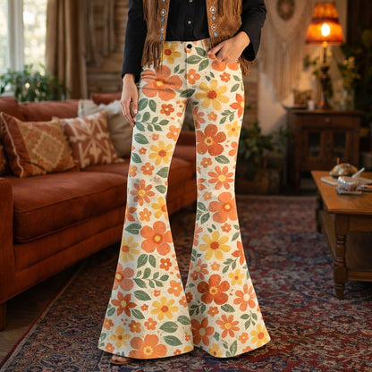 Retro 70s Boho Daisy Floral High Waist Wide Flared Trousers in Yellow