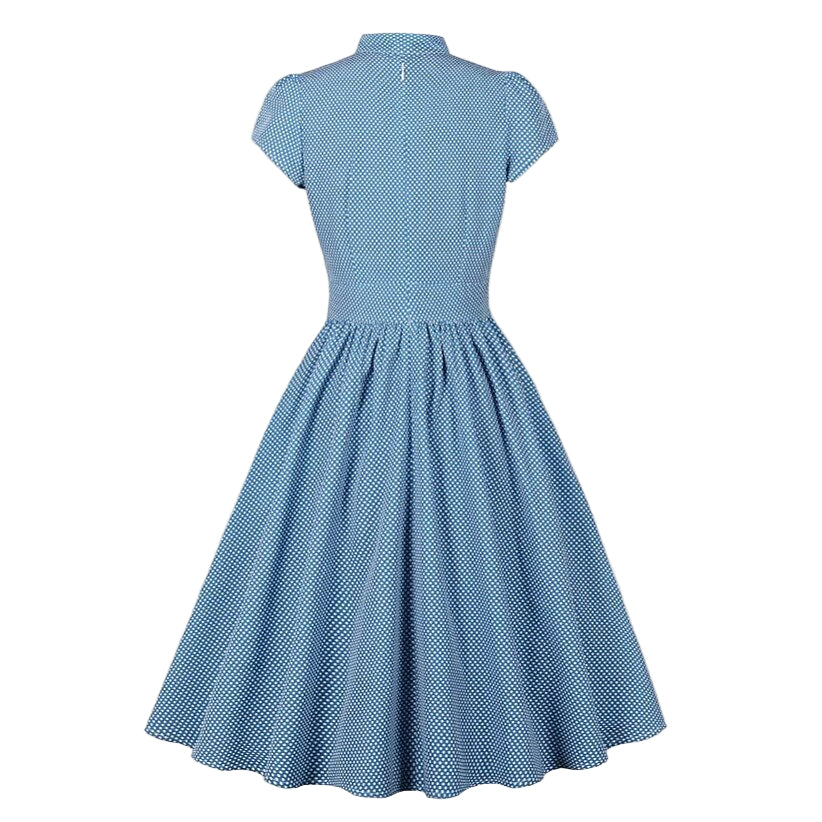 Women's 1950s Polka Dot Cap Sleeve Tie Collar Fit and Flare A-Line Dress