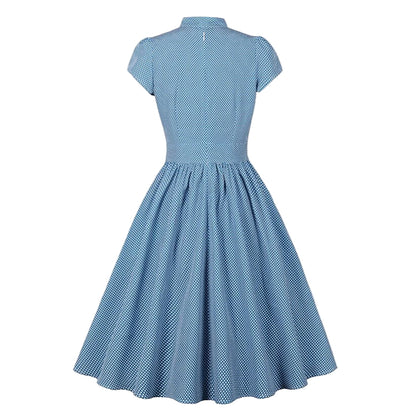 Women's 1950s Polka Dot Cap Sleeve Tie Collar Fit and Flare A-Line Dress