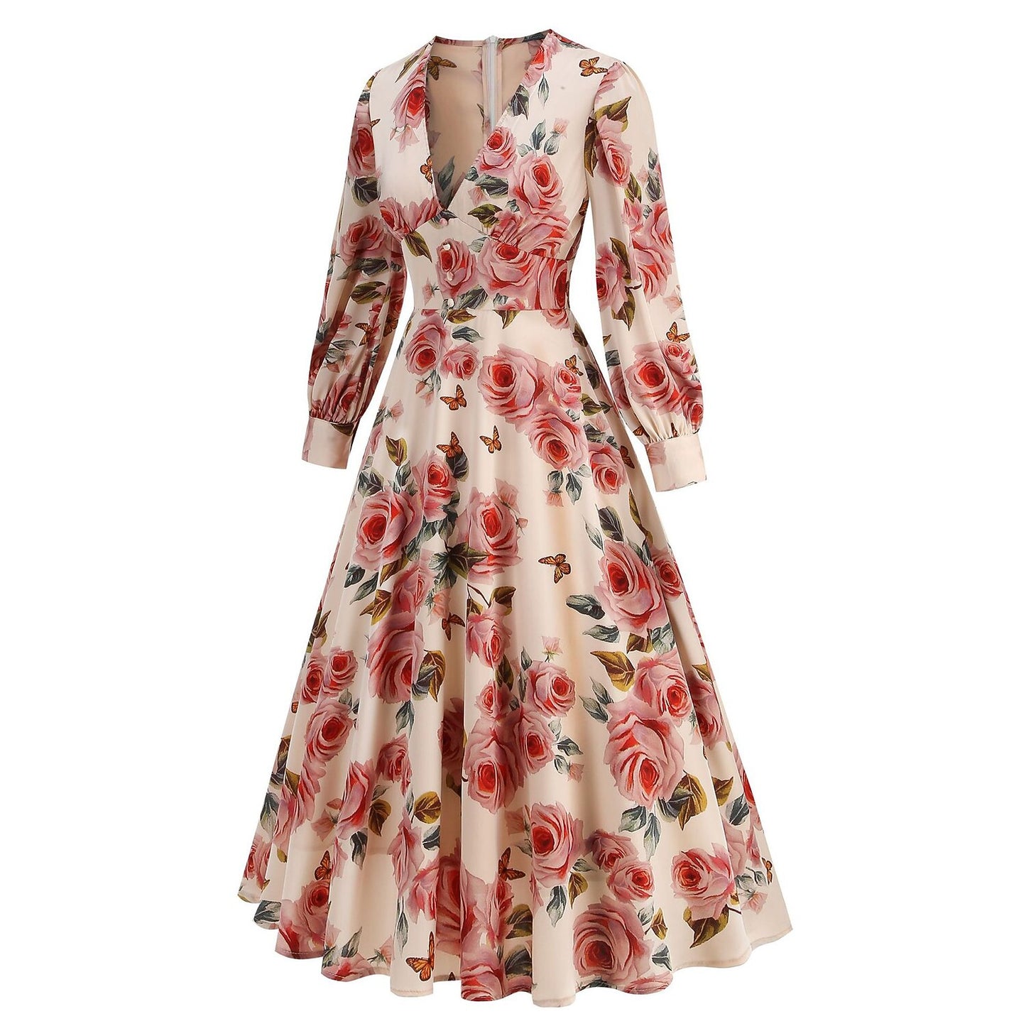 Women's 1950s Pink Rose Floral V-Neck Long Sleeve Flare Dress