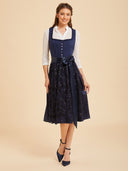 Navy Blue Midi Dirndl Dress with Sequin Embroidered Apron