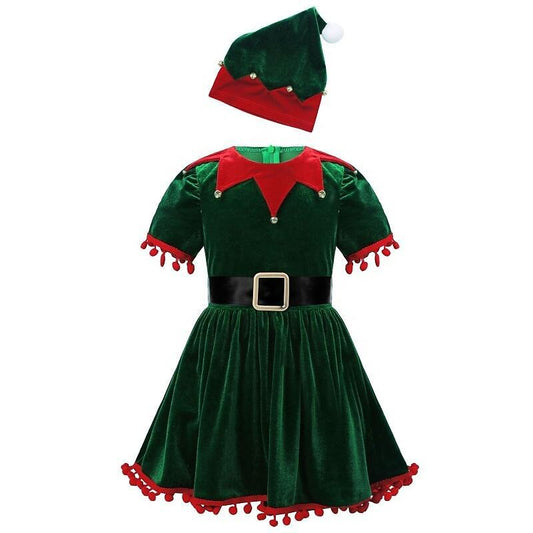 Girls' Christmas Elf Dress with Santa Hat