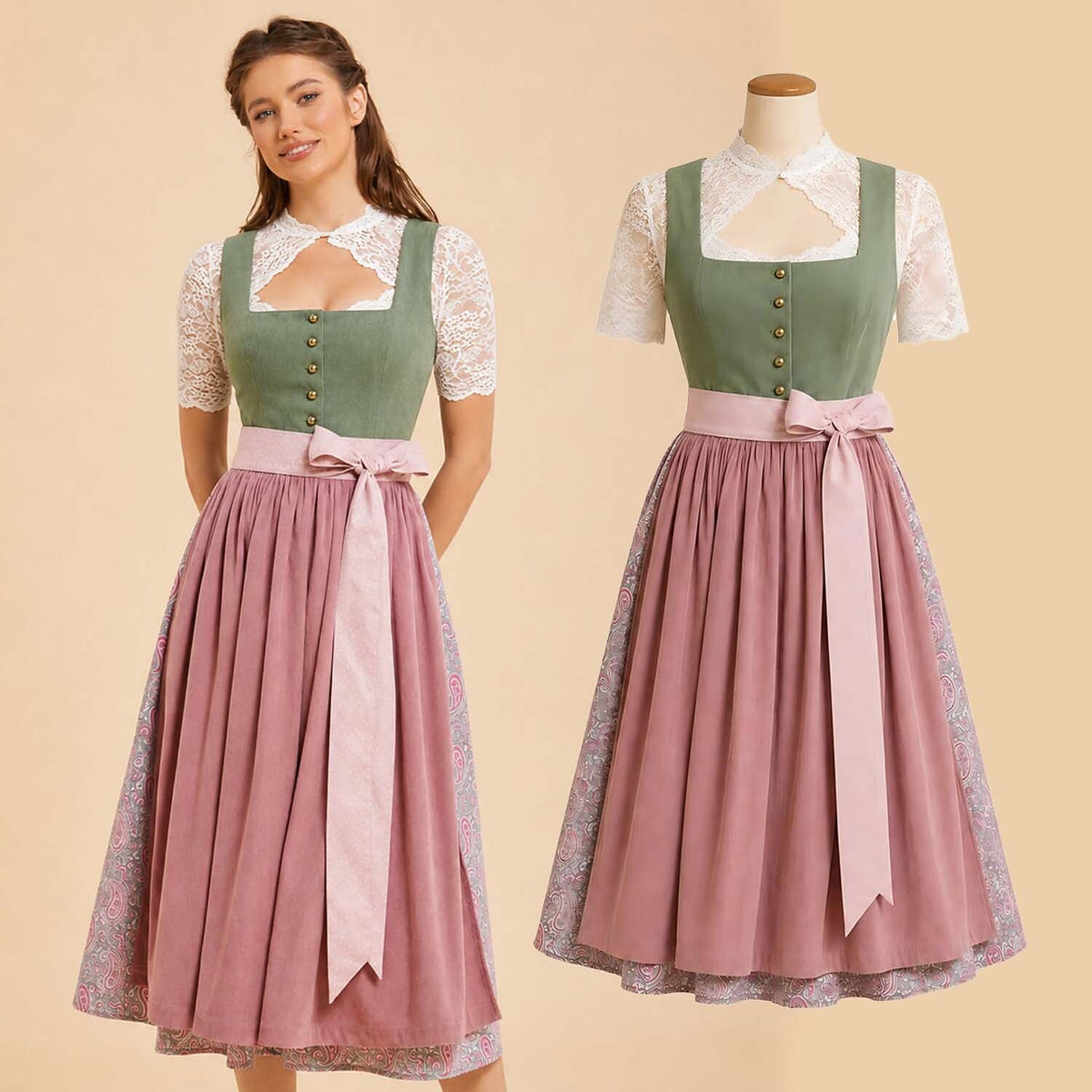 Premium Sage Green & Dusty Rose Oktoberfest Dirndl and White Lace Blouse Set