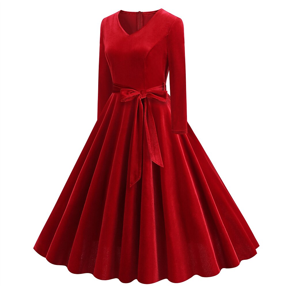 Women's 1950s Velvet V-Neck Long Sleeve Swing Dress