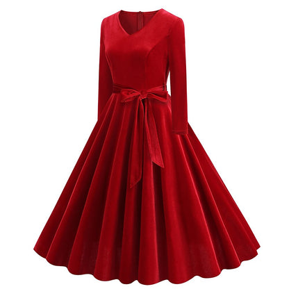Women's 1950s Velvet V-Neck Long Sleeve Swing Dress