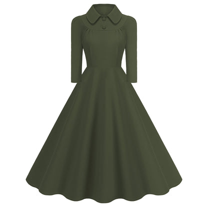 Women's 1950s Solid Color Peter Pan Collar Long Sleeve Flare Dress