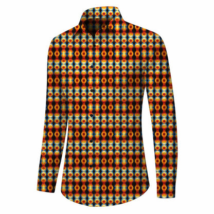 Retro 70S Vintage Geometric Circle Pattern Long Sleeves Collar Shirt