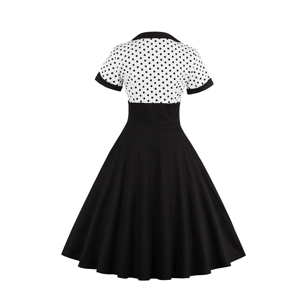 Women's 1950s Polka Dot Patchwork Sweetheart Neck Short Sleeve A-Line Dress