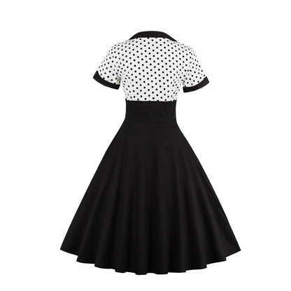Women's 1950s Polka Dot Patchwork Sweetheart Neck Short Sleeve A-Line Dress