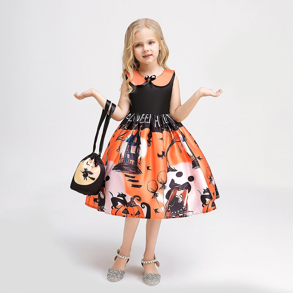 Girls Halloween Pumpkin Print Dress