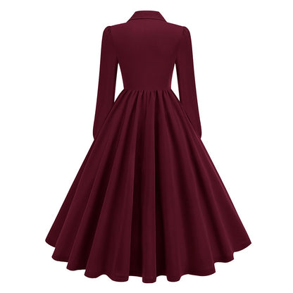 Women's 1950s Solid Color Lapel Collar Long Sleeve Flare Dress