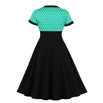 Women's 1950s Polka Dot Patchwork Sweetheart Neck Short Sleeve A-Line Dress