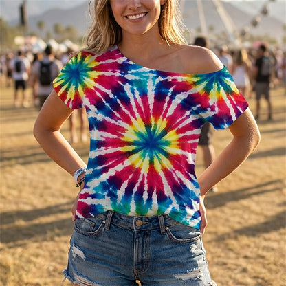 Retro 70s Starburst Tie-Dye One Shoulder Short Sleeves T-shirt