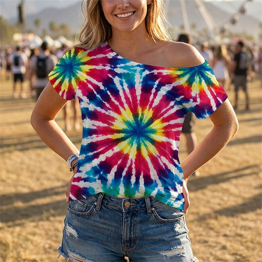 Retro 70s Starburst Tie-Dye One Shoulder Short Sleeves T-shirt