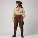 Man wearing a brown and burgundy pirate costume with a cream shirt