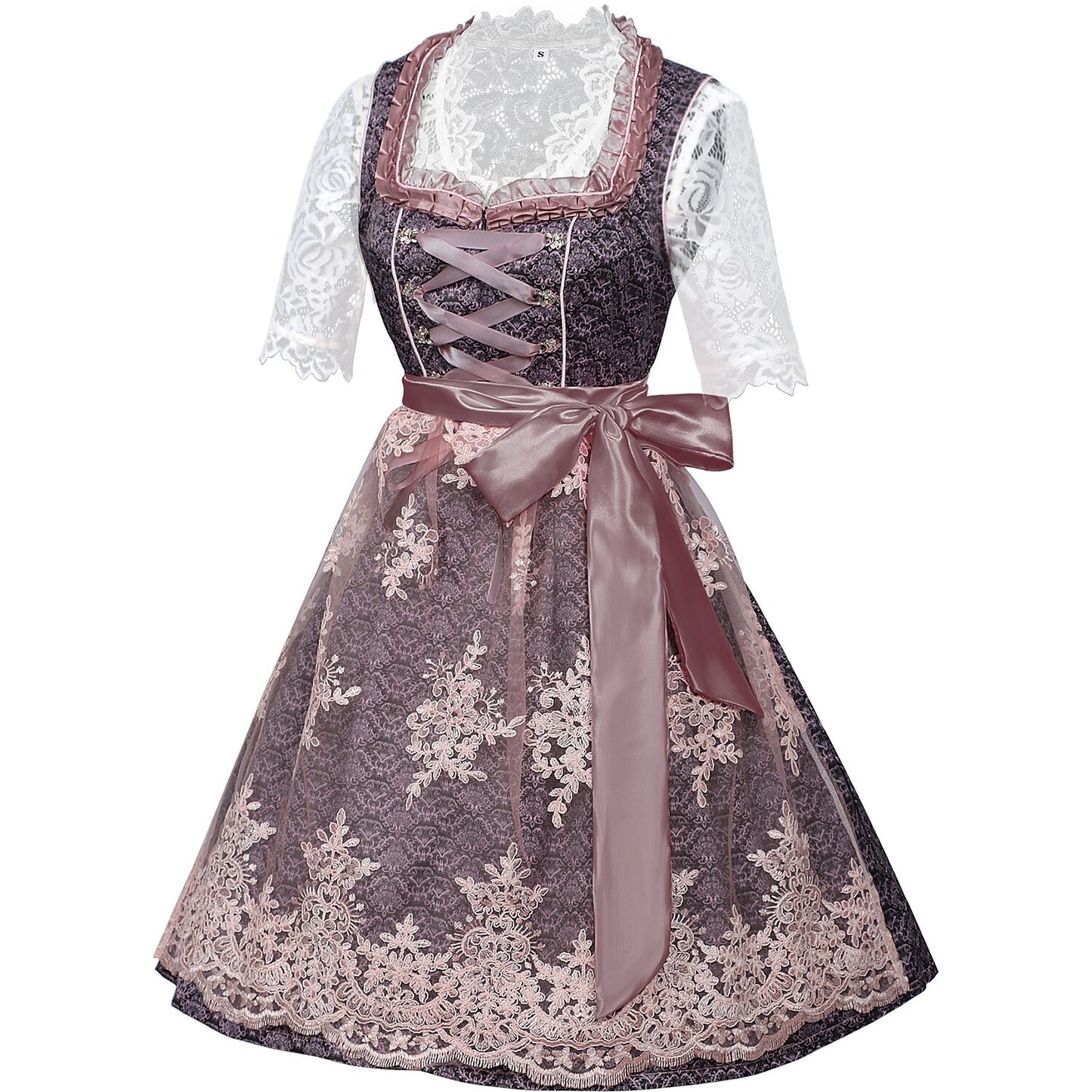 Lila besticktes Dirndlkleid mit Spitzenschürze und Bluse fürs Oktoberfest 