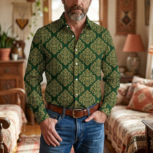 Retro 70S Vintage Ornate Damask Pattern Long Sleeves Collar Shirt