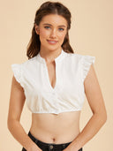 White V-Neck Dirndl Blouse with Lace Flutter Sleeves