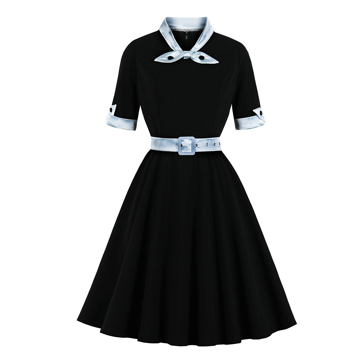 Women's 1950s Contrast Color Block Lapel Collar Belted A-Line Dress