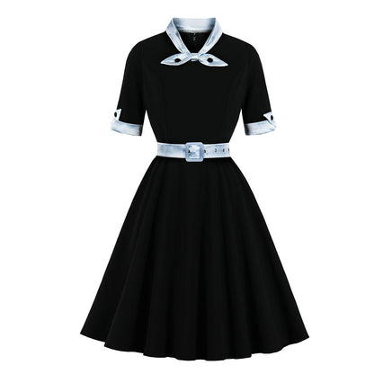 Women's 1950s Contrast Color Block Lapel Collar Belted A-Line Dress