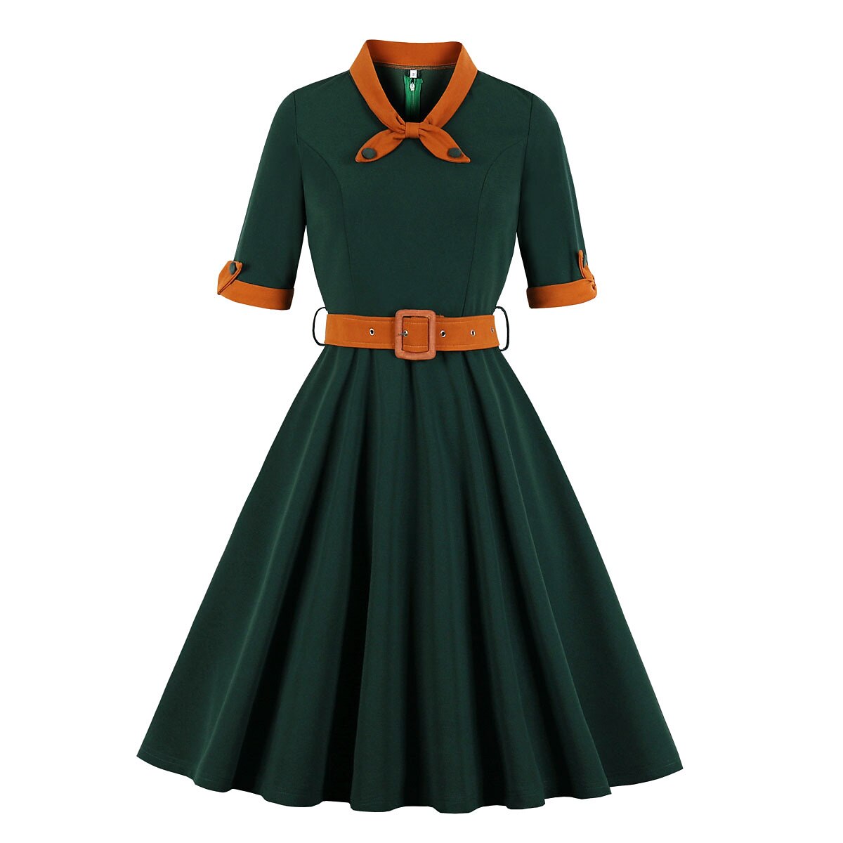 Women's 1950s Contrast Color Block Lapel Collar Belted A-Line Dress