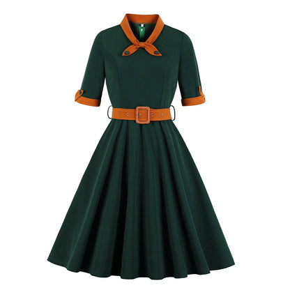 Women's 1950s Contrast Color Block Lapel Collar Belted A-Line Dress