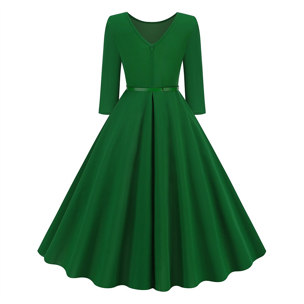 Women's 1950s Solid Color Round Neck 3/4 Sleeve Flare Dress
