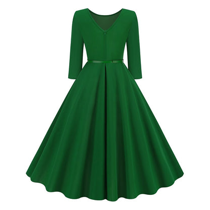 Women's 1950s Solid Color Round Neck 3/4 Sleeve Flare Dress