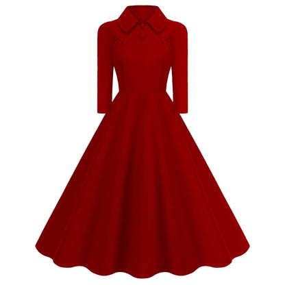Women's 1950s Solid Color Peter Pan Collar Long Sleeve Flare Dress