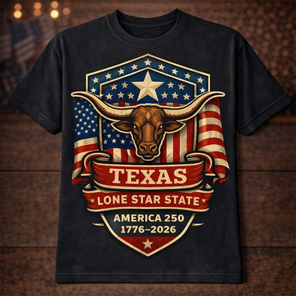 Men's American 250th Texas Lone Star Longhorn Patriotic Printed T-shirt