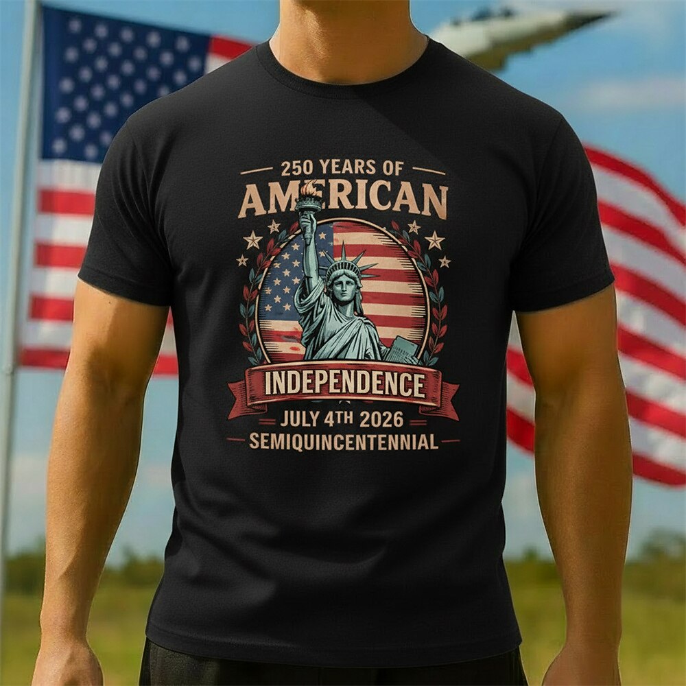 Men's American 250th Statue of Liberty American Flag Freedom Patriotic Printed T-shirt