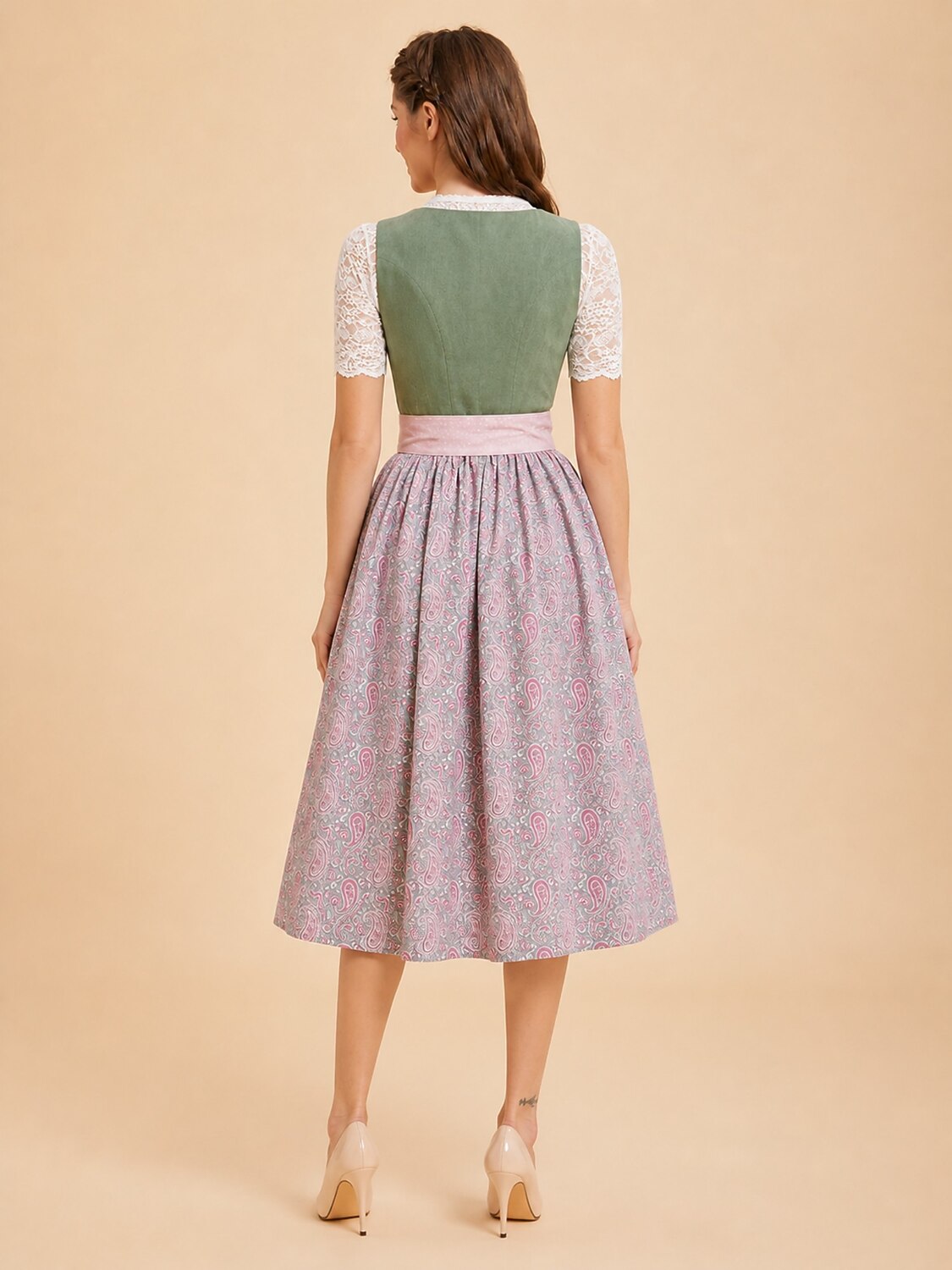 Premium Sage Green & Dusty Rose Oktoberfest Dirndl and White Lace Blouse Set