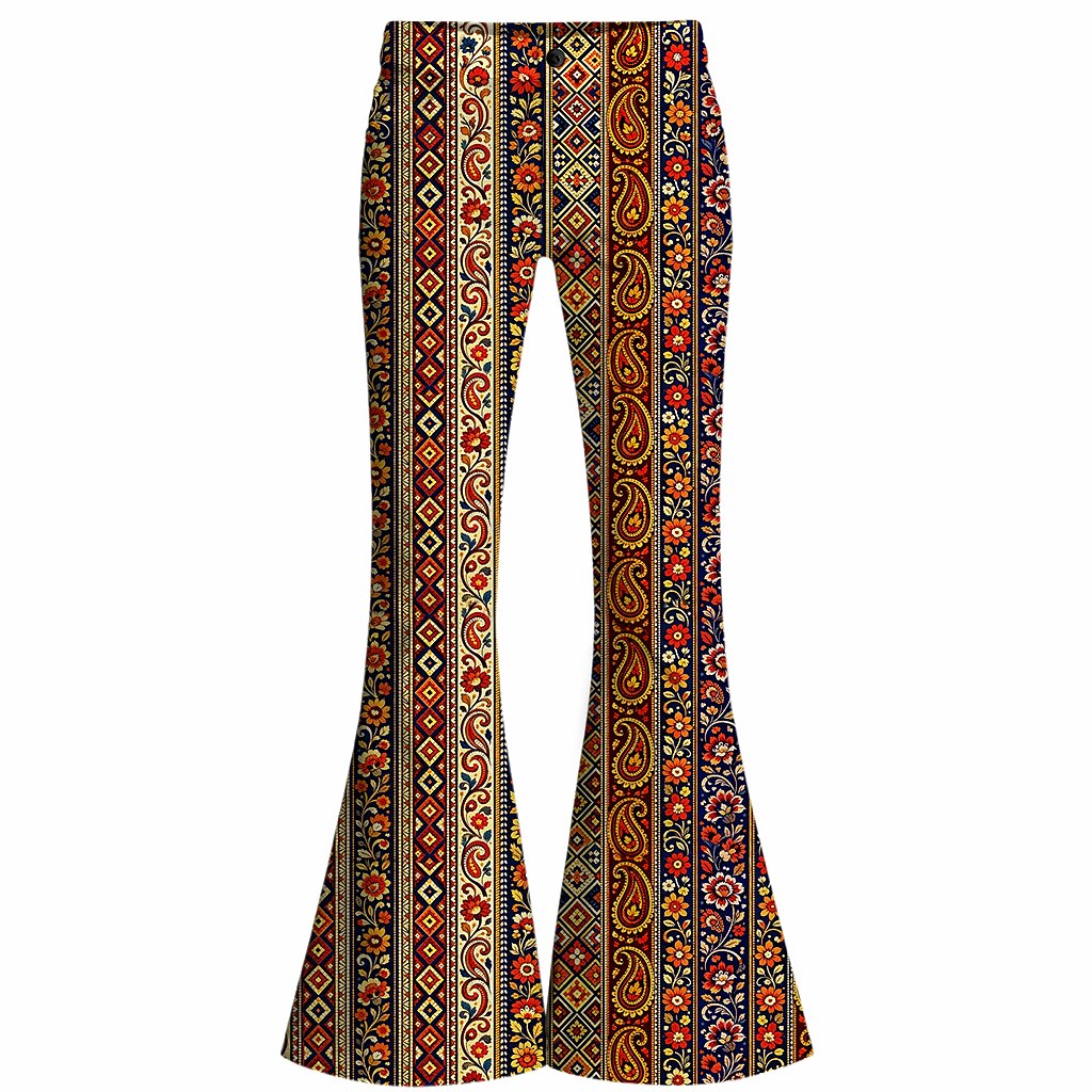 Retro 70s Boho Paisley Stripe High Waist Wide Flared Trousers