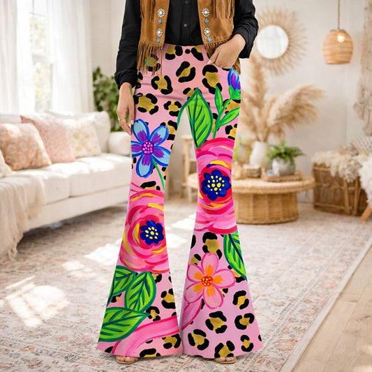 Retro 70s Floral Leopard Print High Waist Wide Flared Trousers in Pink