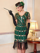 Vestido flapper verde con patrón de lentejuelas