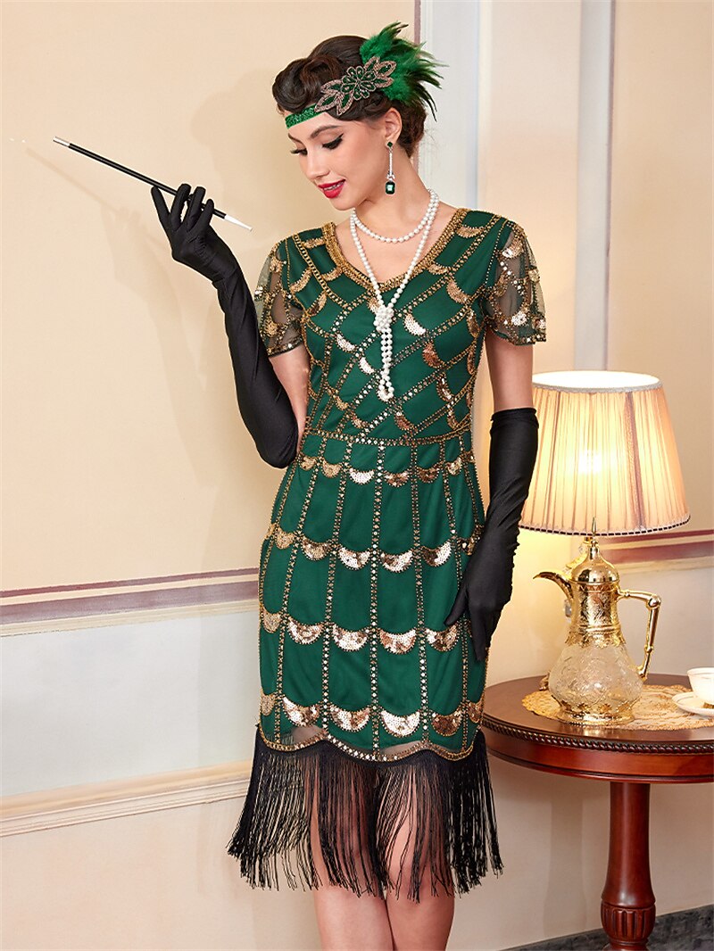 Green Sequin Pattern Flapper Dress