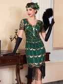 Vestido flapper verde con patrón de lentejuelas