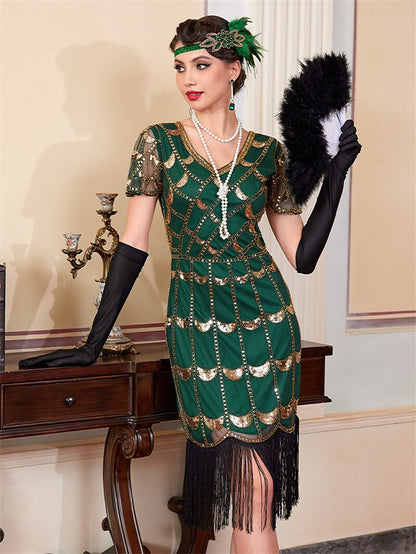 Green Sequin Pattern Flapper Dress